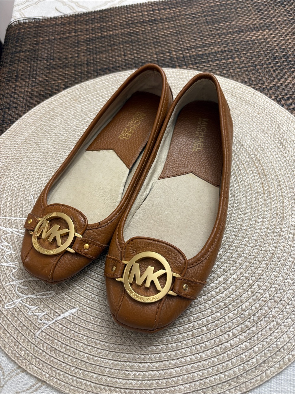 Michael Kors Tan Leather MK Logo Ballet Flats